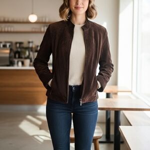 Vintage Casual Corner Dark Brown Suede Genuine Leather Bomber Jacket Size M
